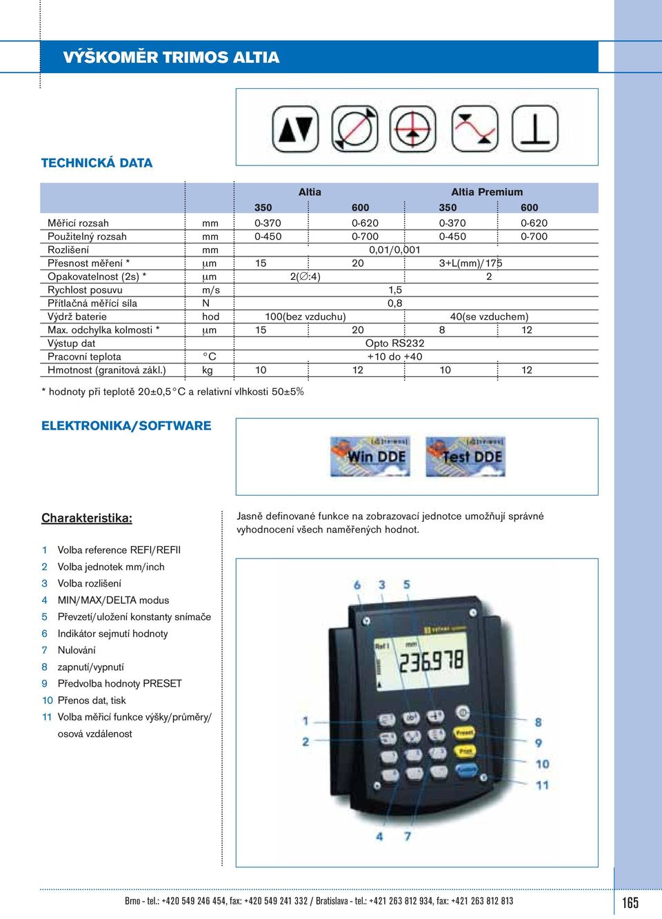 odchylka kolmosti * µm 15 20 8 12 Výstup dat Opto RS232 Pracovní teplota C +10 do +40 Hmotnost (granitová zákl.