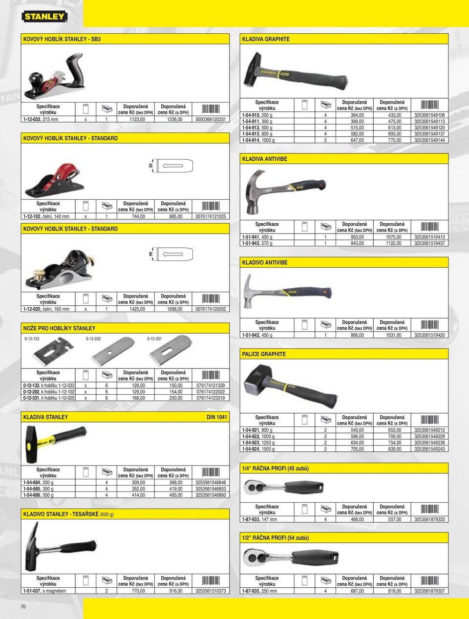 mm x 1 744,00 885,00 0076174121025 KOVOVÝ HOBLÍK STANLEY - STANDARD 1-51-941, 450 g 1 903,00 1075,00 3253561519413 1-51-943, 570 g 1 943,00 1122,00 3253561519437 KLADIVO ANTIVIBE 1-12-020, čelní, 160