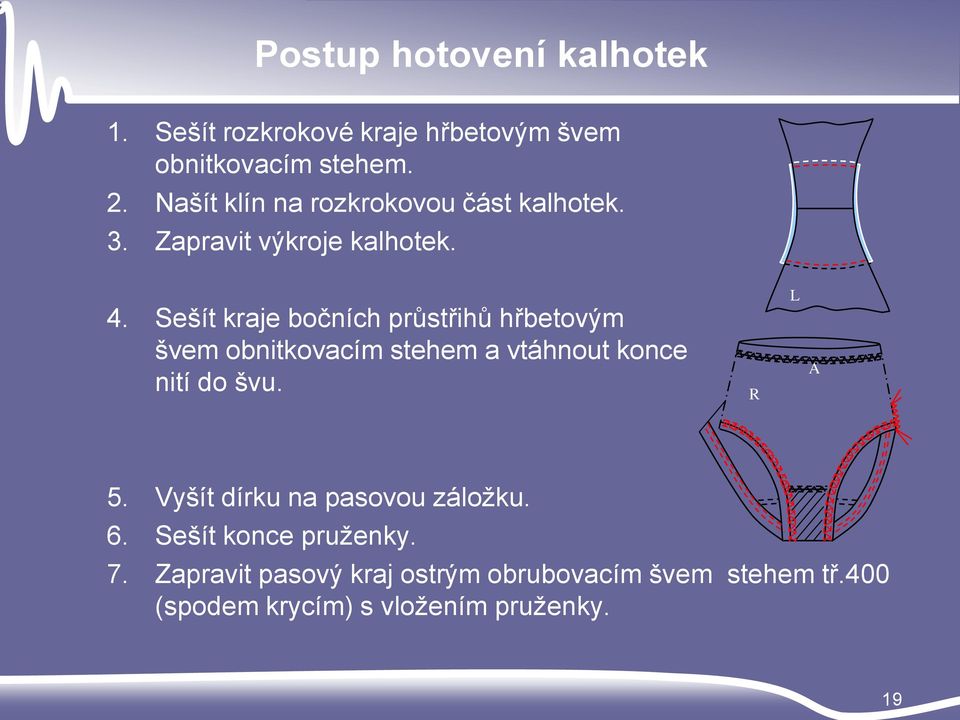 Sešít kraje bočních průstřihů hřbetovým švem obnitkovacím stehem a vtáhnout konce nití do švu. R L A 5.