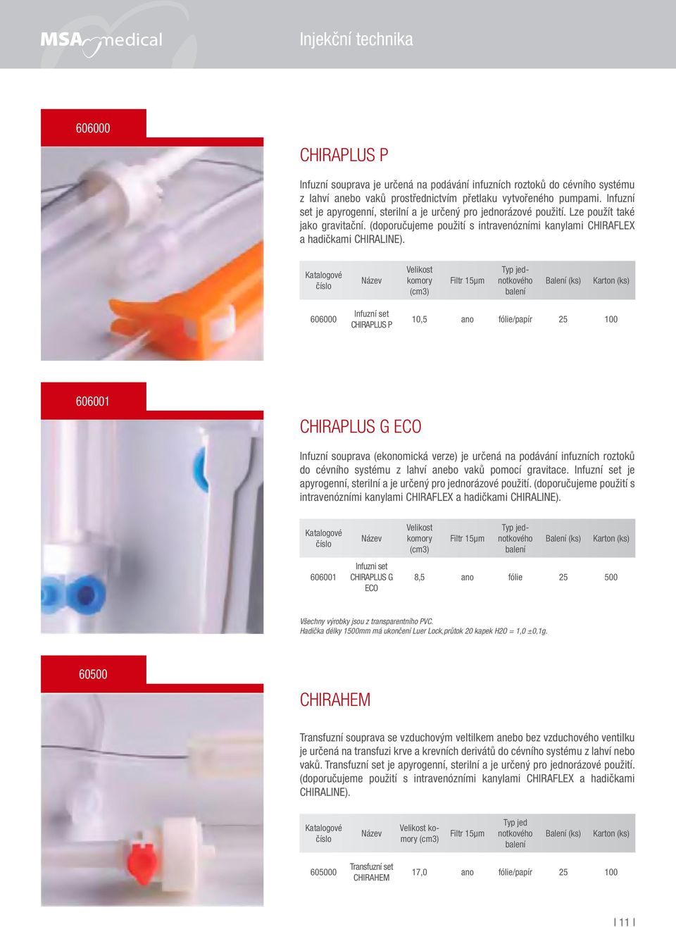 Katalogové číslo Název Velikost komory (cm3) Filtr 15µm Typ jednotkového balení Balení (ks) Karton (ks) 606000 Infuzní set CHIRAPLUS P 10,5 ano fólie/papír 25 100 606001 CHIRAPLUS G ECO Infuzní