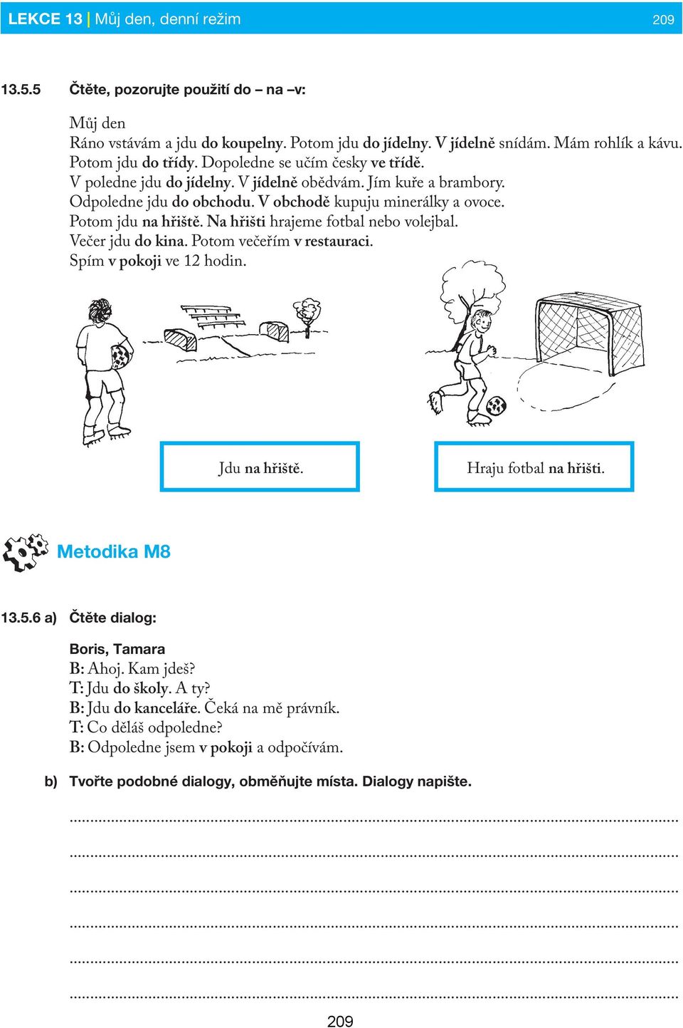 Na hřišti hrajeme fotbal nebo volejbal. Večer jdu do kina. Potom večeřím v restauraci. Spím v pokoji ve 12 hodin. Jdu na hřiště. Hraju fotbal na hřišti. Metodika M8 13.5.