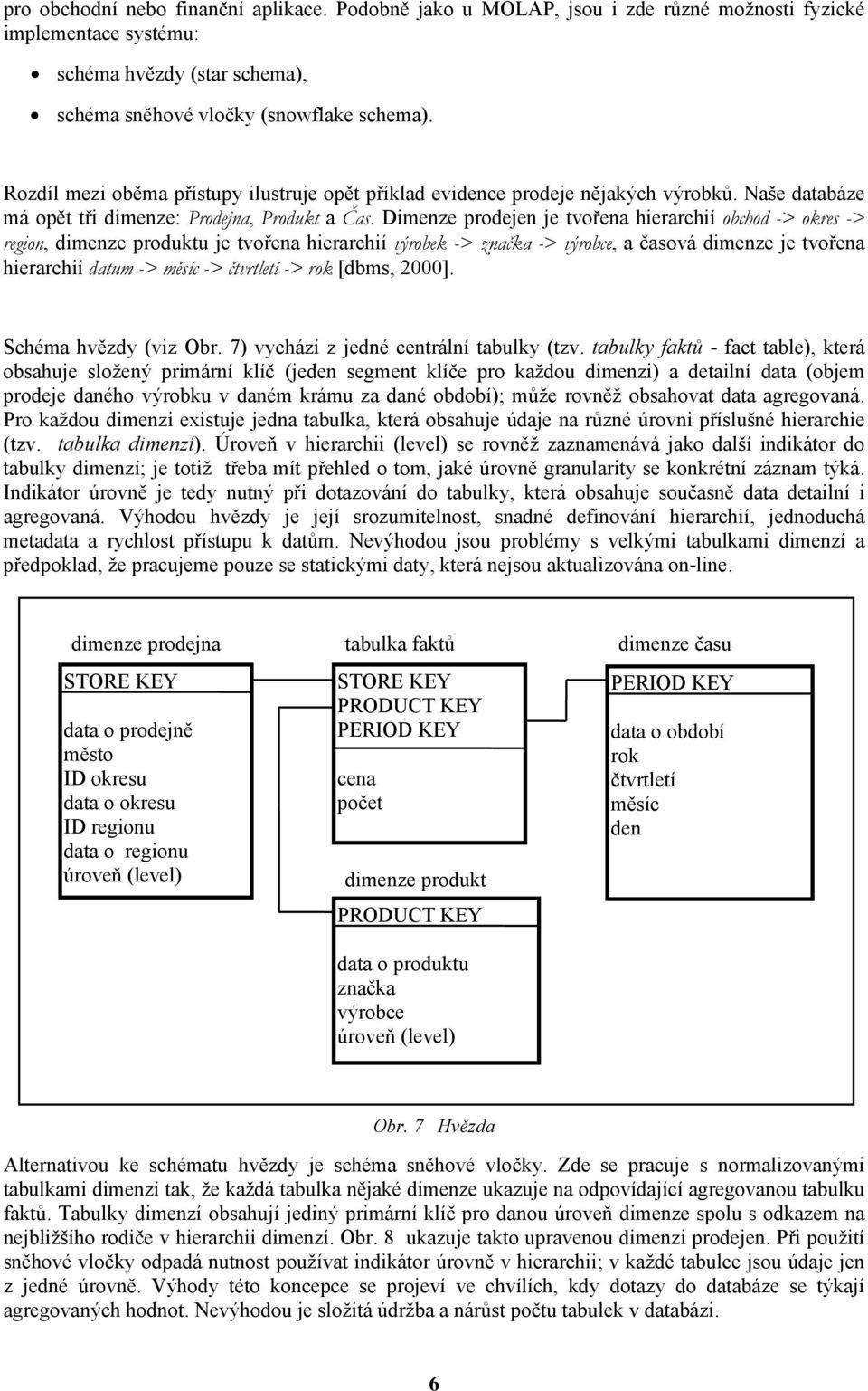 Dimenze prodejen je tvořena hierarchií obchod -> okres -> region, dimenze produktu je tvořena hierarchií výrobek -> značka -> výrobce, a časová dimenze je tvořena hierarchií datum -> měsíc ->