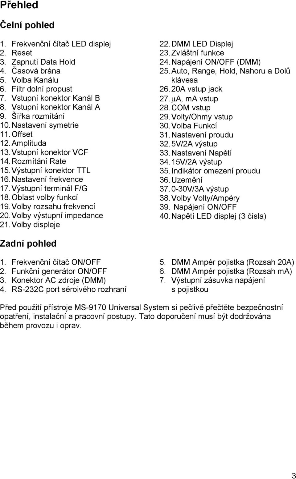 Oblast volby funkcí 19. Volby rozsahu frekvencí 20. Volby výstupní impedance 21. Volby displeje 22. DMM LED Displej 23. Zvláštní funkce 24. Napájení ON/OFF (DMM) 25.