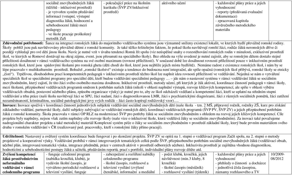 dokumentace) záv re ného metodického materiálu Zd vodn ní pot ebnosti: Šance na integraci romských žák do majoritního vzd lávacího systému jsou významn sníženy existencí lokalit, ve kterých bydlí p