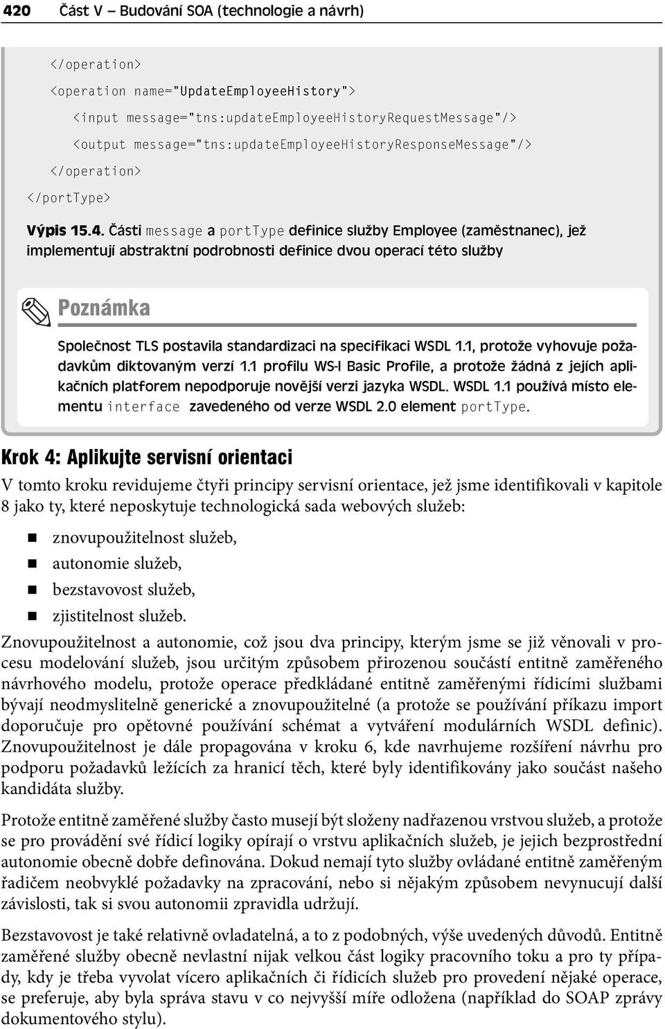 Části message a porttype definice služby Employee (zaměstnanec), jež implementují abstraktní podrobnosti definice dvou operací této služby Poznámka Společnost TLS postavila standardizaci na