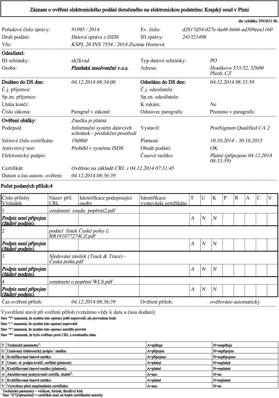 Osoba: Plzeňská insolvenční v.o.s. Adresa: Houškova 533/32, 32600 Plzeň, CZ Dodáno do DS dne: 04.12.2014 08:34:00 Odesláno do DS dne: 04.12.2014 08:33:59 Č.j. příjemce: Č.j. odesílatele: Sp.zn.