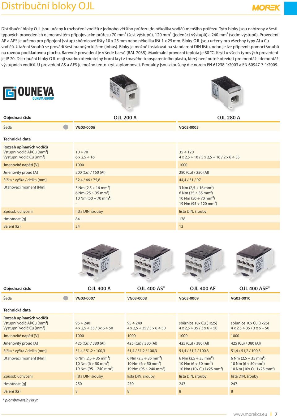 Provedení AF a AFS je určeno pro připojení (vstup) sběrnicové lišty 10 x 25 mm nebo několika lišt 1 x 25 mm. Bloky OJL jsou určeny pro všechny typy Al a Cu vodičů.