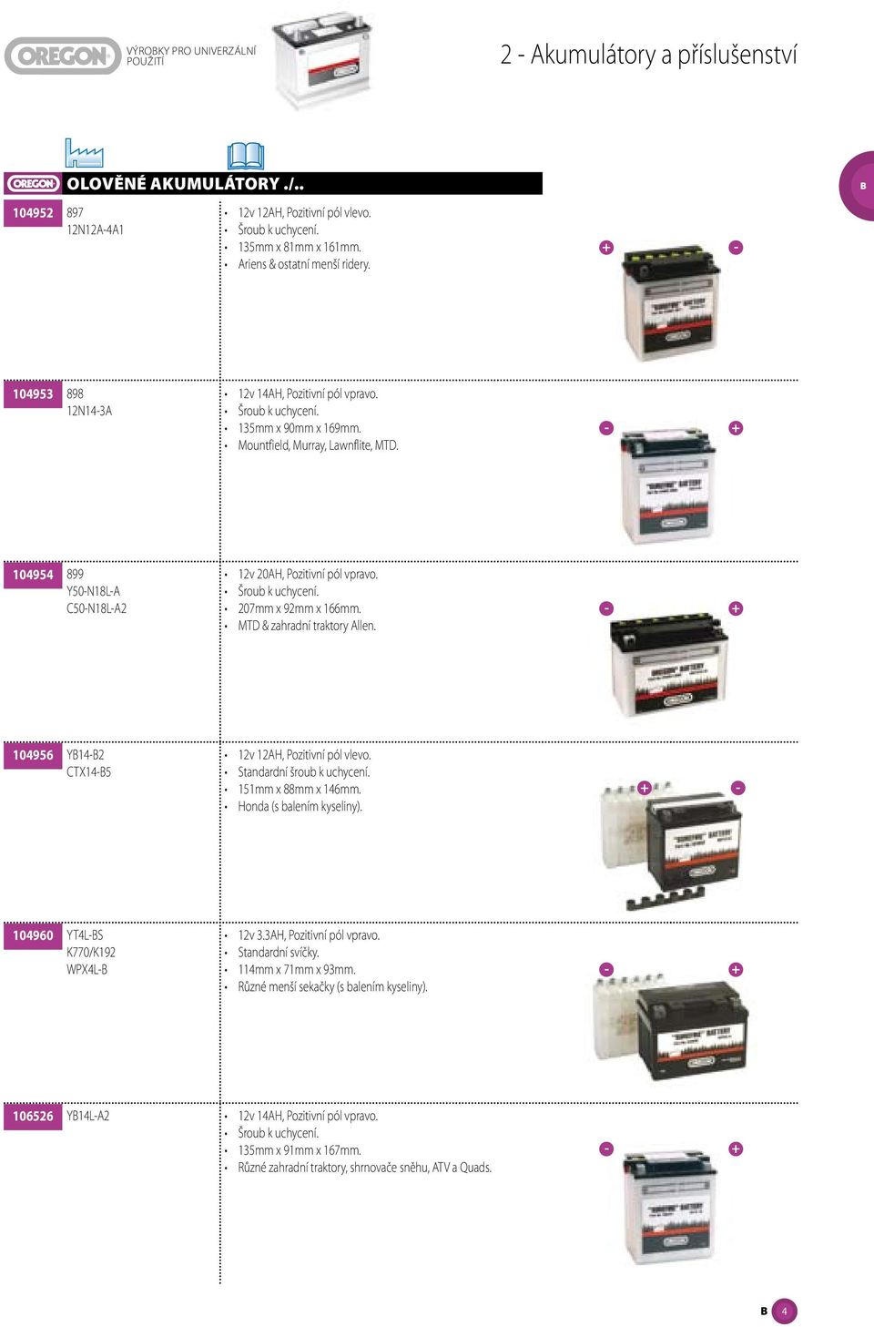 MTD & zahradní traktory Allen. 104956 YB14-B2 CTX14-B5 12v 12AH, Pozitivní pól vlevo. Standardní šroub k uchycení. 151mm x 88mm x 146mm. Honda (s balením kyseliny).