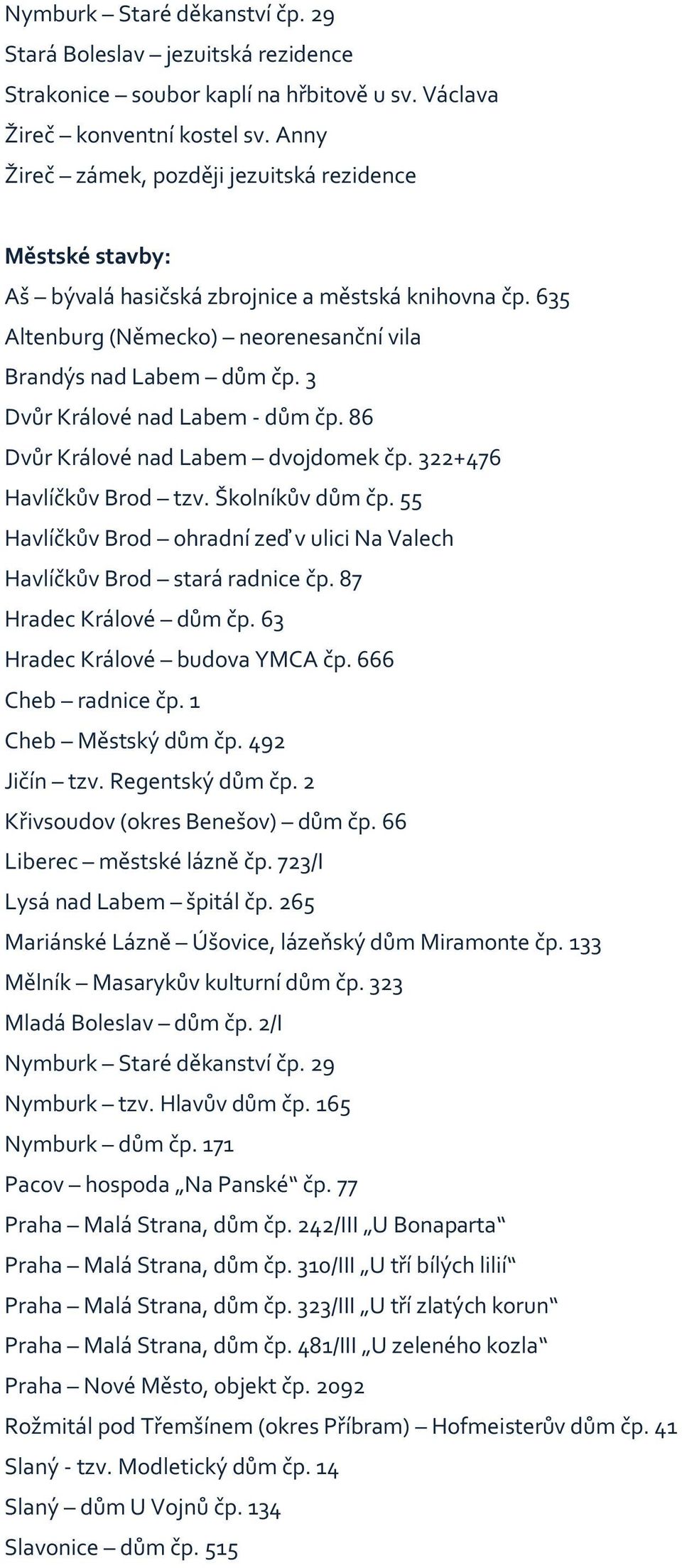 86 Dvůr Králové nad Labem dvojdomek čp. 322+476 Havlíčkův Brod tzv. Školníkův dům čp. 55 Havlíčkův Brod ohradní zeď v ulici Na Valech Havlíčkův Brod stará radnice čp. 87 Hradec Králové dům čp.