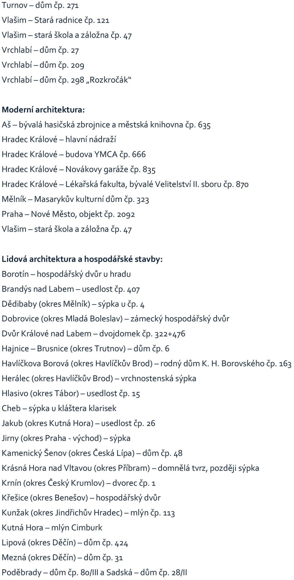 sboru čp. 870 Mělník Masarykův kulturní dům čp. 323 Praha Nové Město, objekt čp. 2092 Vlašim stará škola a záložna čp.