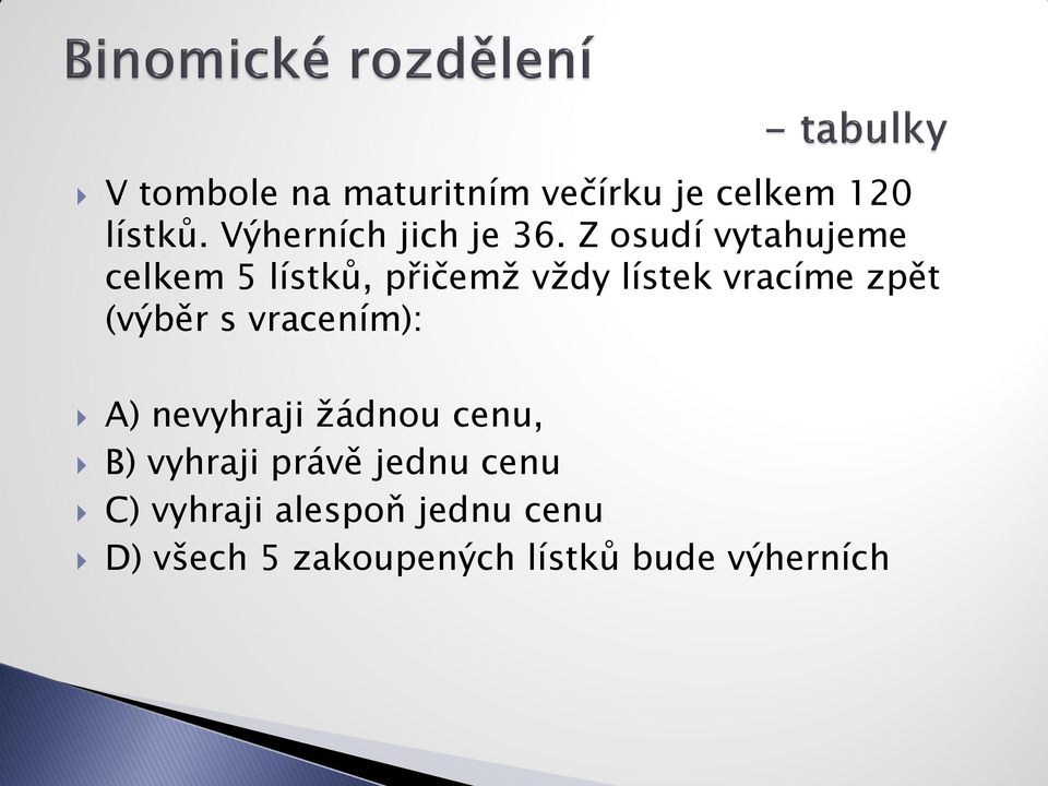 Z osudí vytahujeme celkem 5 lístků, přičemž vždy lístek vracíme zpět