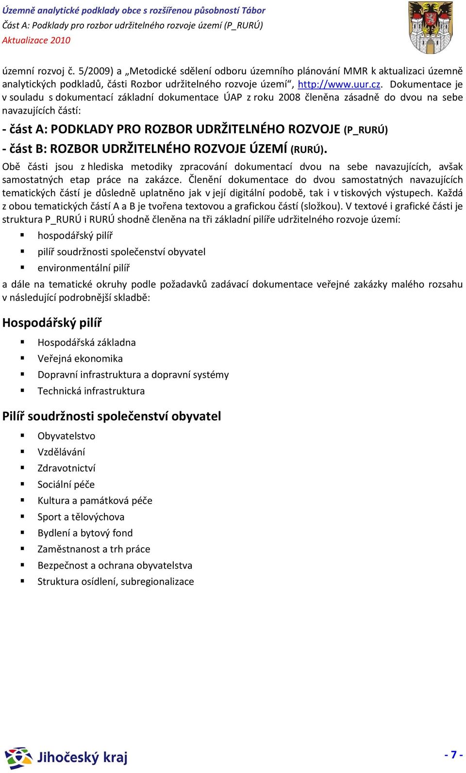 ROZBOR UDRŽITELNÉHO ROZVOJE ÚZEMÍ (RURÚ). Obě části jsou z hlediska metodiky zpracování dokumentací dvou na sebe navazujících, avšak samostatných etap práce na zakázce.