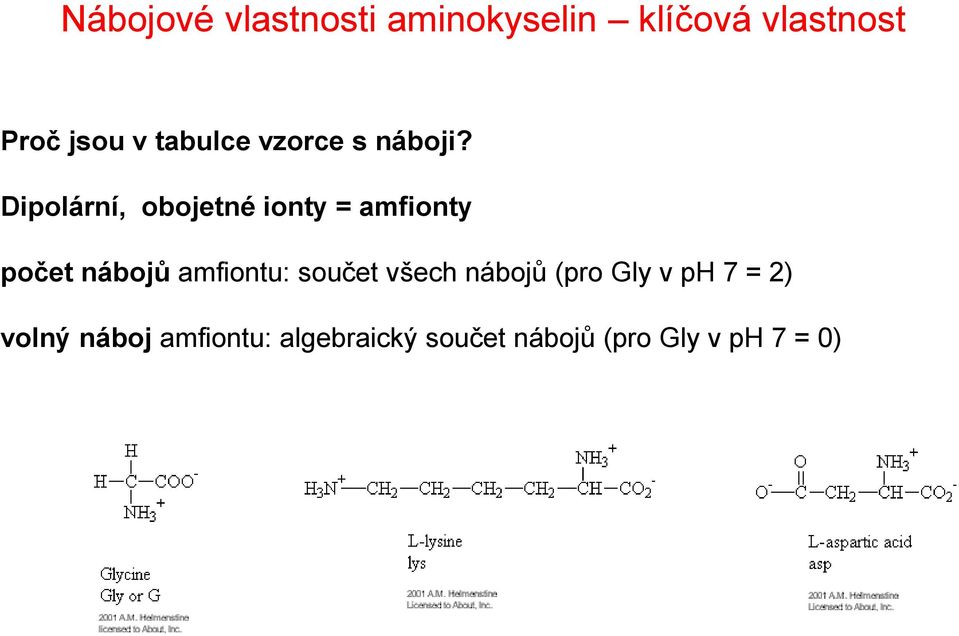 Dipolární, obojetné ionty = amfionty počet nábojů amfiontu: