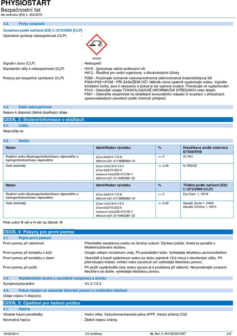 poškození očí H412 - Škodlivý pro vodní organismy, s dlouhodobými účinky : P280 - Používejte ochranné rukavice/ochranný oděv/ochranné brýle/obličejový štít P305+P351+P338 - PŘI ZASAŽENÍ OČÍ: Několik