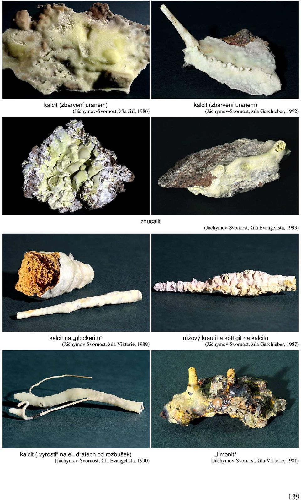 Viktorie, 1989) růžový krautit a köttigit na kalcitu (Jáchymov-Svornost, žíla Geschieber, 1987) kalcit ( vyrostl na