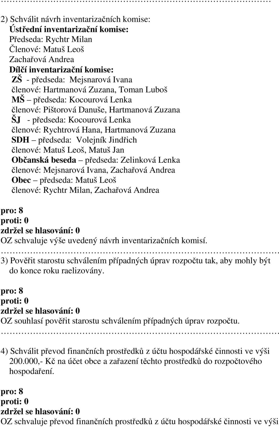 předseda: Volejník Jindřich členové: Matuš Leoš, Matuš Jan Občanská beseda předseda: Zelinková Lenka členové: Mejsnarová Ivana, Zachařová Andrea Obec předseda: Matuš Leoš členové: Rychtr Milan,