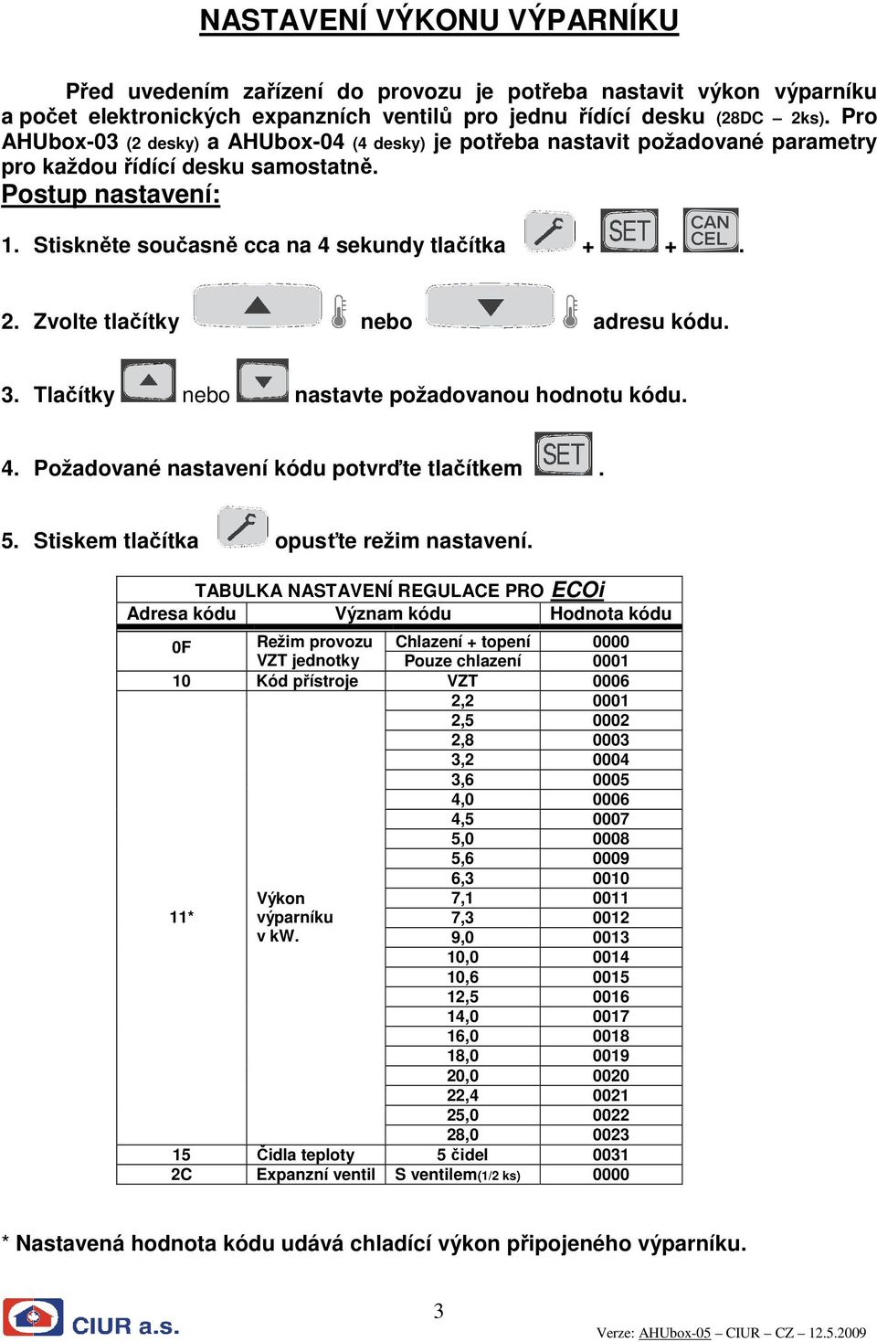 Zvolte tlačítky nebo adresu kódu. 3. Tlačítky nebo nastavte požadovanou hodnotu kódu. 4. Požadované nastavení kódu potvrďte tlačítkem. 5. Stiskem tlačítka opusťte režim nastavení.