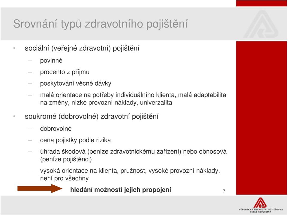 (dobrovolné) zdravotní pojištní dobrovolné cena pojistky podle rizika úhrada škodová (peníze zdravotnickému zaízení) nebo