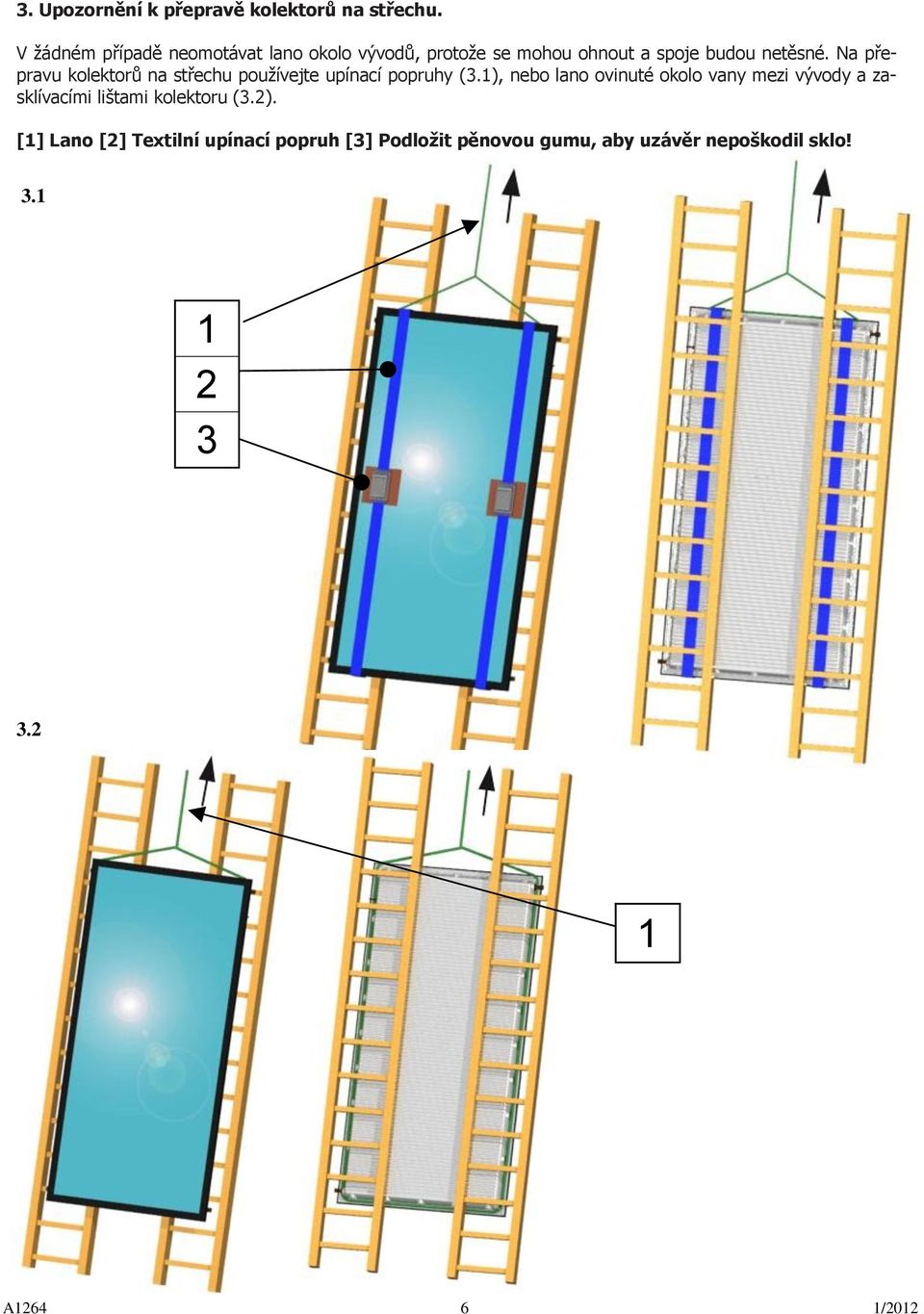 Na přepravu kolektorů na střechu používejte upínací popruhy (3.