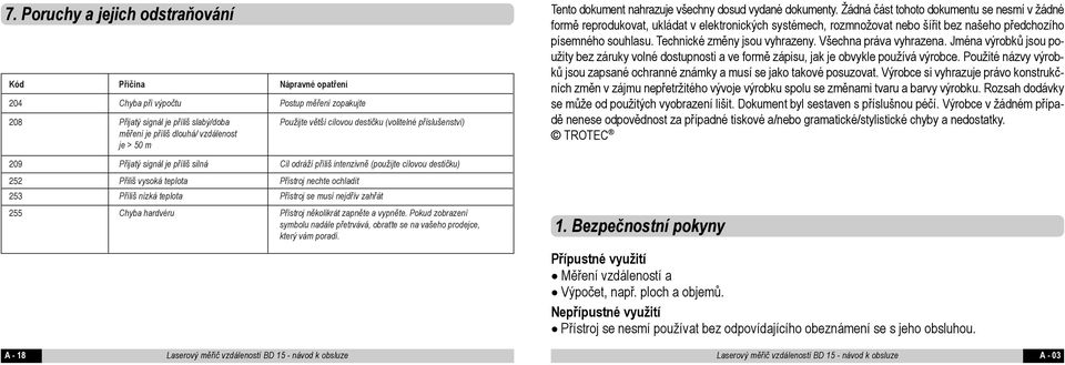 ochladit 253 Příliš nízká teplota Přístroj se musí nejdřív zahřát 255 Chyba hardvéru Přístroj několikrát zapněte a vypněte.