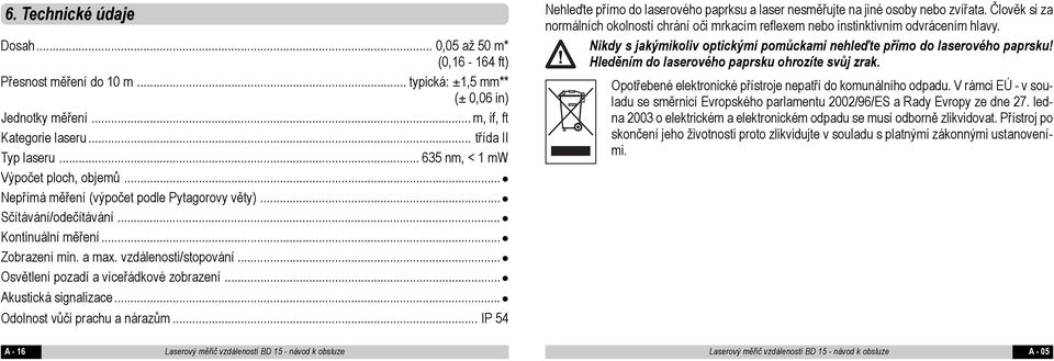 .. Osvětlení pozadí a víceřádkové zobrazení... Akustická signalizace... Odolnost vůči prachu a nárazům... IP 54 Nehleďte přímo do laserového paprksu a laser nesměřujte na jiné osoby nebo zvířata.