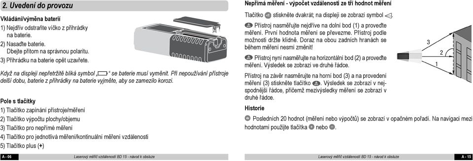 Pole s tlačítky 1) Tlačítko zapínání přístroje/měření 2) Tlačítko výpočtu plochy/objemu 3) Tlačítko pro nepřímé měření 4) Tlačítko pro jednotlivá měření/kontinuální měření vzdálenosti 5) Tlačítko