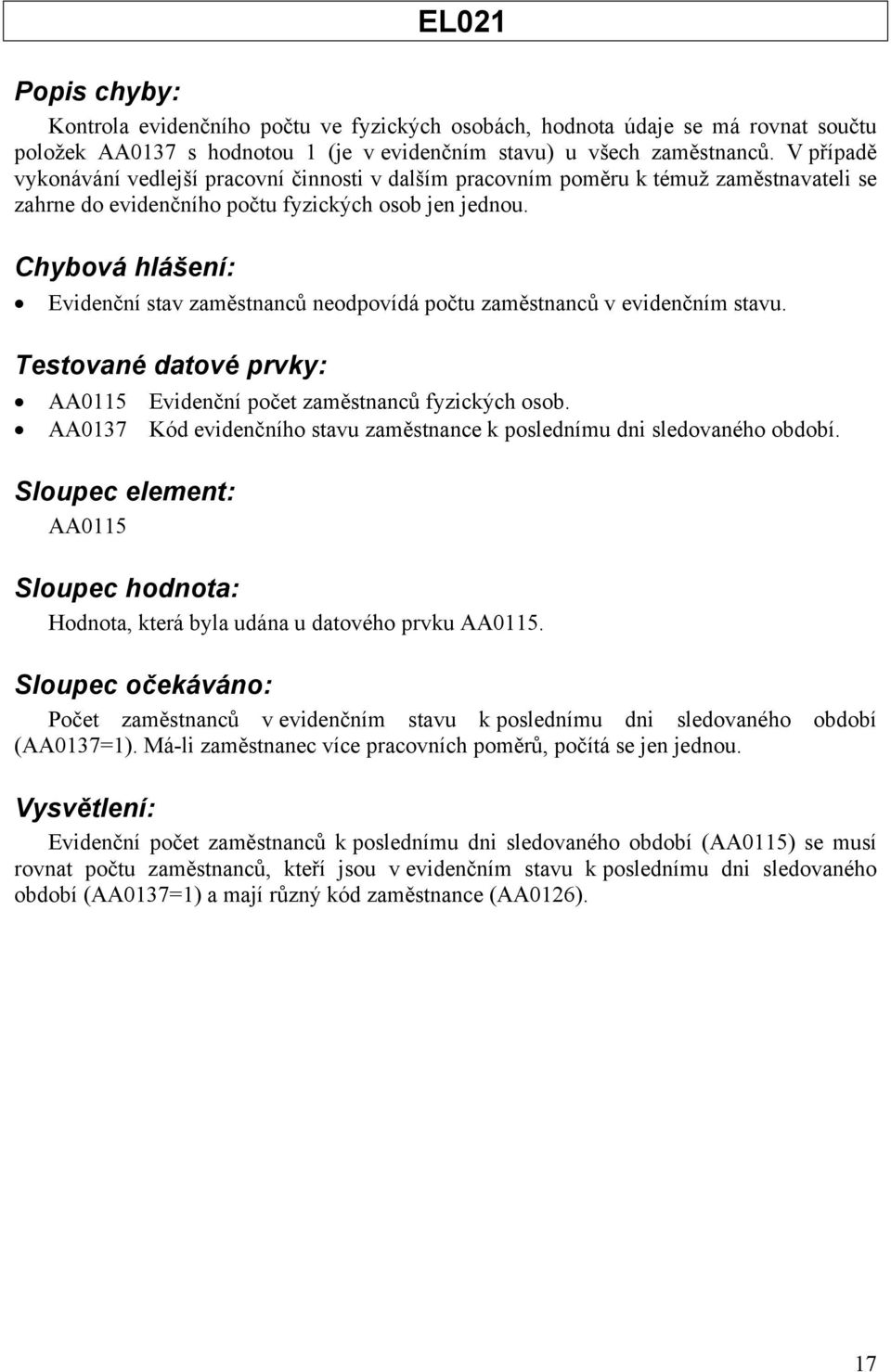 Evidenční stav zaměstnanců neodpovídá počtu zaměstnanců v evidenčním stavu. AA0115 Evidenční počet zaměstnanců fyzických osob.