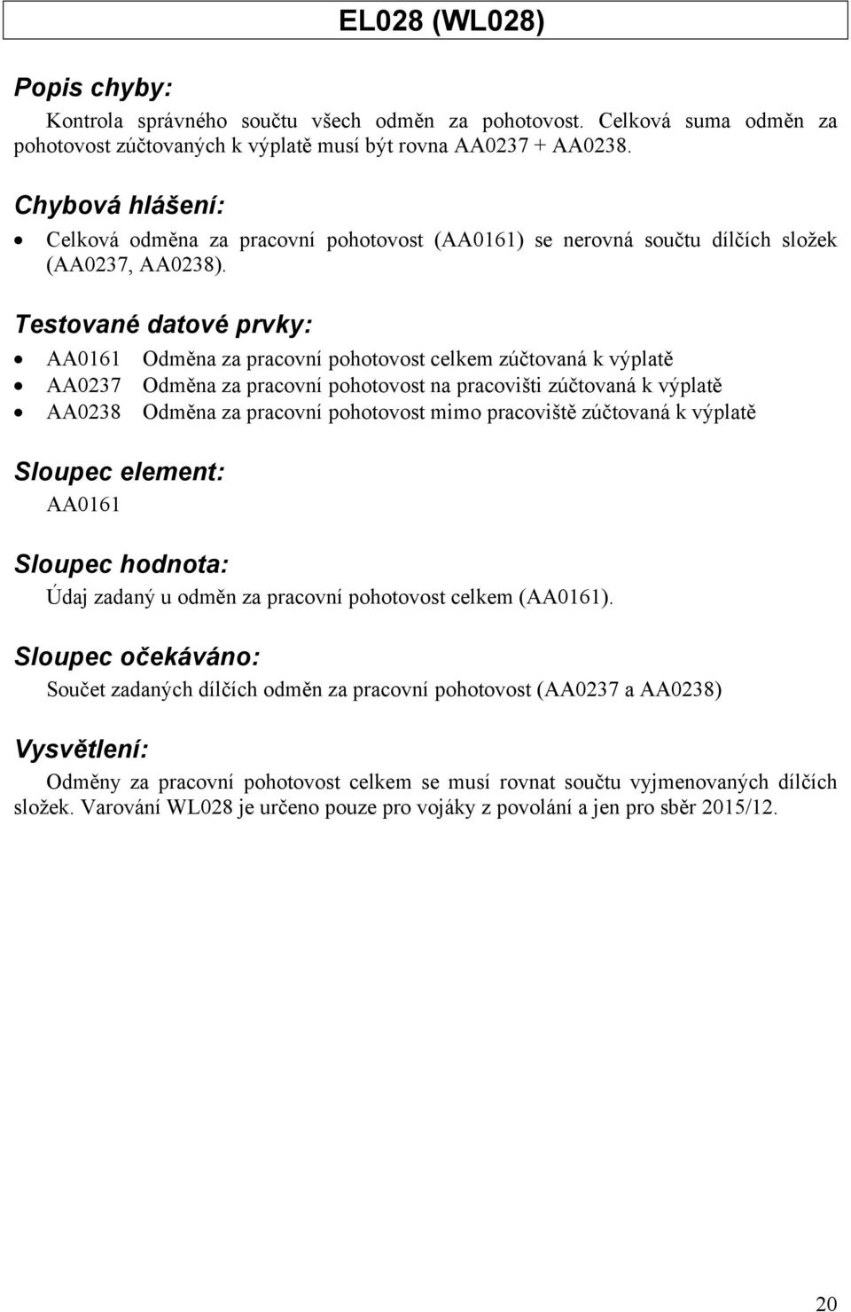 AA0161 Odměna za pracovní pohotovost celkem zúčtovaná k výplatě AA0237 Odměna za pracovní pohotovost na pracovišti zúčtovaná k výplatě AA0238 Odměna za pracovní pohotovost mimo pracoviště