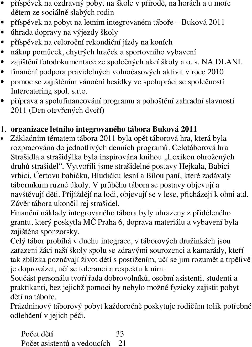 finanční podpora pravidelných volnočasových aktivit v roce 2010 pomoc se zajištěním vánoční besídky ve spolupráci se společností Intercatering spol. s.r.o. příprava a spolufinancování programu a pohoštění zahradní slavnosti 2011 (Den otevřených dveří) 1.