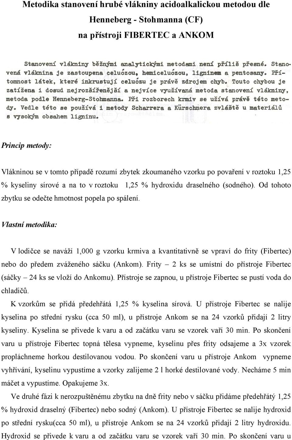 Vlastní metodika: V lodičce se naváží 1,000 g vzorku krmiva a kvantitativně se vpraví do frity (Fibertec) nebo do předem zváženého sáčku (Ankom).