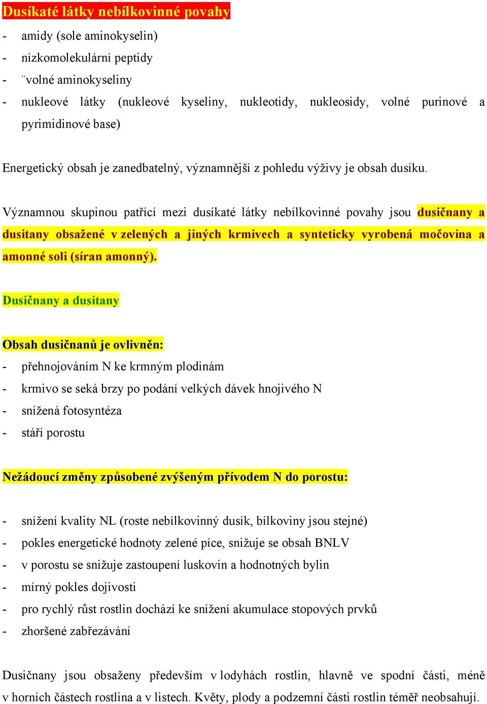 Významnou skupinou patřící mezi dusíkaté látky nebílkovinné povahy jsou dusičnany a dusitany obsažené v zelených a jiných krmivech a synteticky vyrobená močovina a amonné soli (síran amonný).