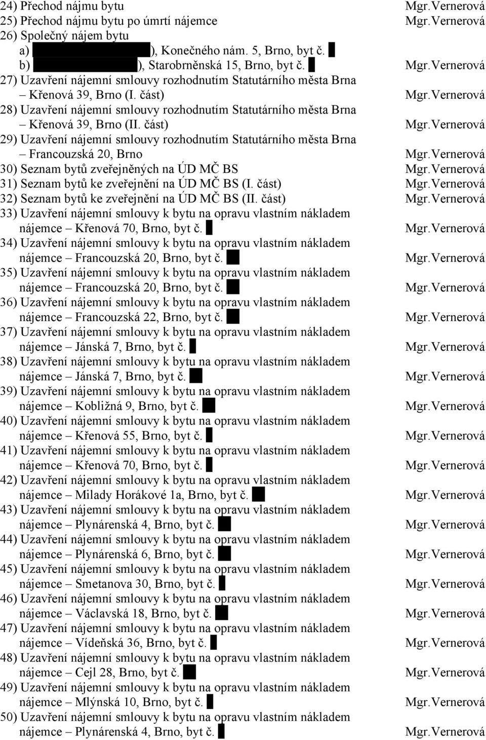 část) 29) Uzavření nájemní smlouvy rozhodnutím Statutárního města Brna Francouzská 20, Brno 30) Seznam bytů zveřejněných na ÚD MČ BS 31) Seznam bytů ke zveřejnění na ÚD MČ BS (I.