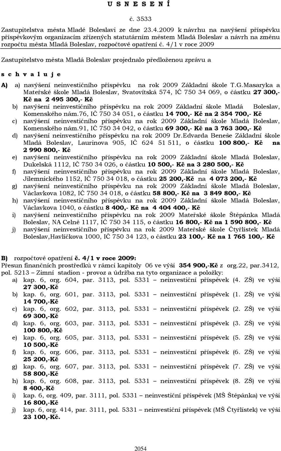4/1 v roce 2009 A) a) navýšení neinvestičního příspěvku na rok 2009 Základní škole T.G.