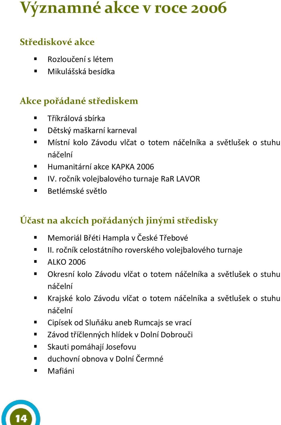 ročník volejbalového turnaje RaR LAVOR Betlémské světlo Účast na akcích pořádaných jinými středisky Memoriál Břéti Hampla v České Třebové II.