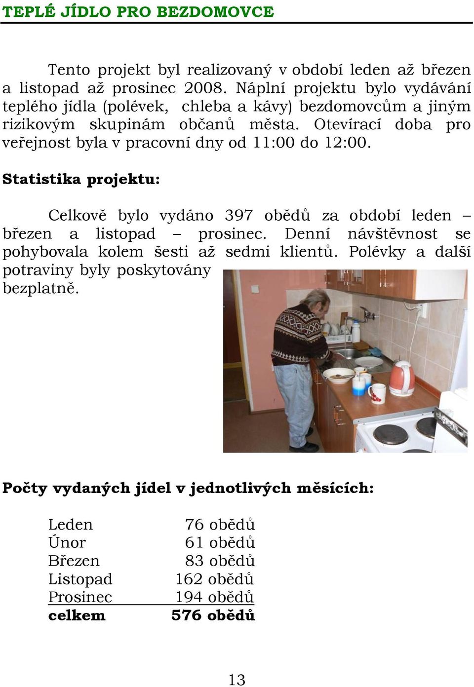 Otevírací doba pro veřejnost byla v pracovní dny od 11:00 do 12:00. Statistika projektu: Celkově bylo vydáno 397 obědů za období leden březen a listopad prosinec.