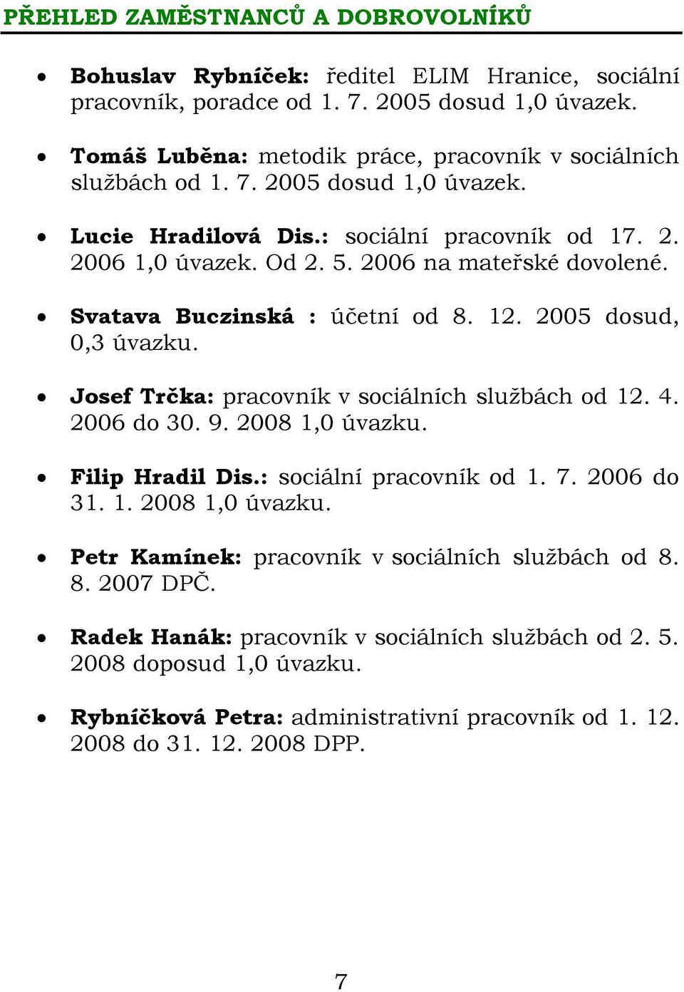 Svatava Buczinská : účetní od 8. 12. 2005 dosud, 0,3 úvazku. Josef Trčka: pracovník v sociálních službách od 12. 4. 2006 do 30. 9. 2008 1,0 úvazku. Filip Hradil Dis.: sociální pracovník od 1. 7.