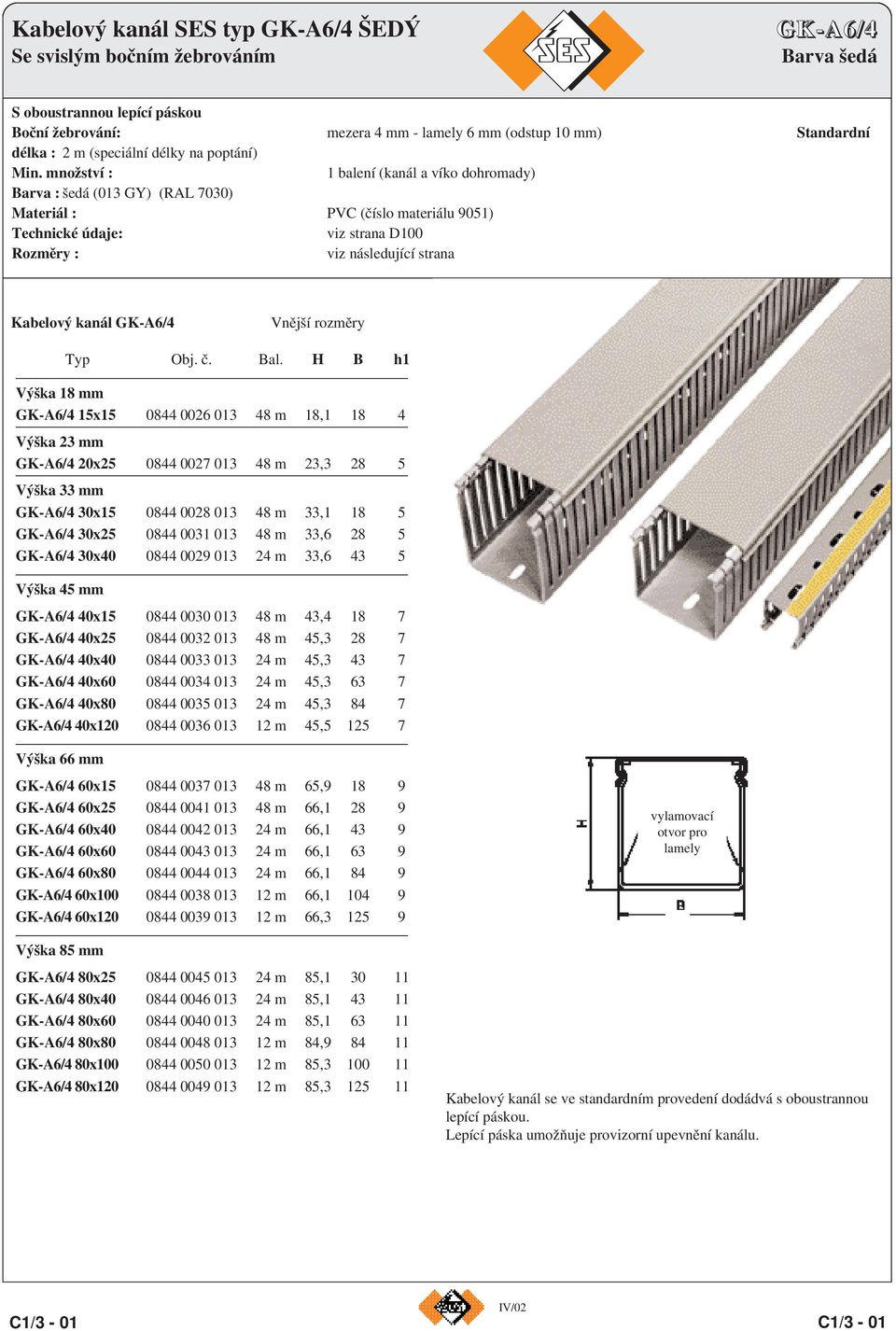 množství : 1 balení (kanál a víko dohromady) Barva : šedá (013 GY) (RAL 7030) Materiál : PVC (číslo materiálu 9051) Technické údaje: viz strana D100 Rozměry : viz následující strana Kabelový kanál