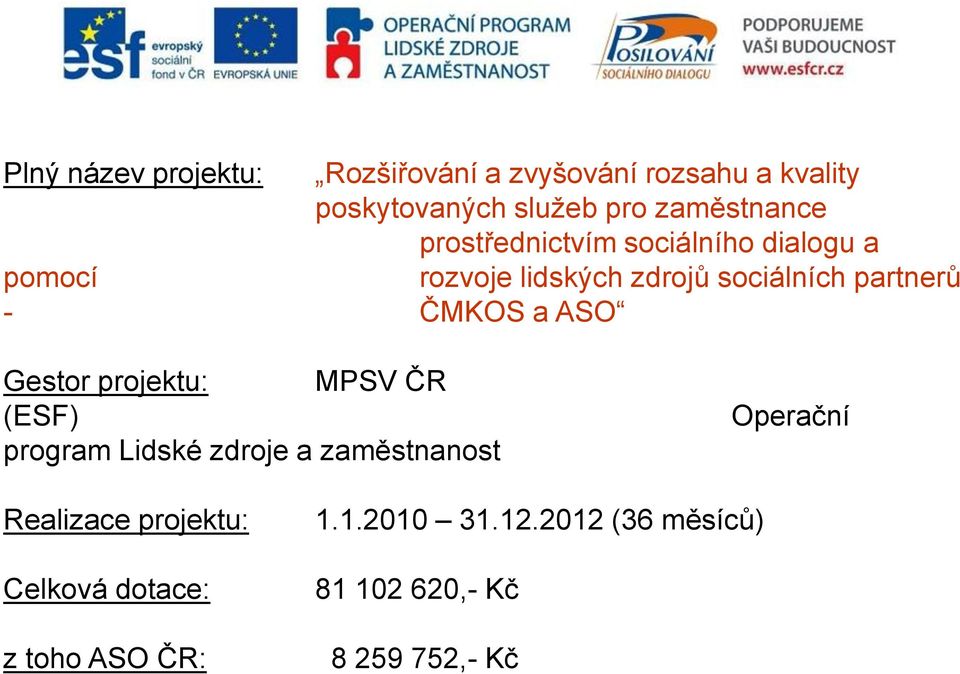 partnerů - ČMKOS a ASO Gestor projektu: MPSV ČR (ESF) program Lidské zdroje a zaměstnanost
