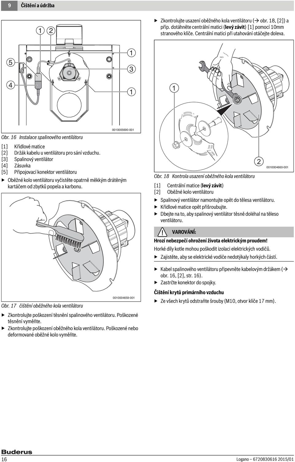 [3] Spalinový ventilátor [4] Zásuvka [5] Připojovací konektor ventilátoru Oběžné kolo ventilátoru vyčistěte opatrně měkkým drátěným kartáčem od zbytků popela a karbonu. Obr.