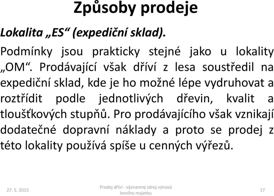 roztřídit podle jednotlivých dřevin, kvalit a tloušťkových stupňů.