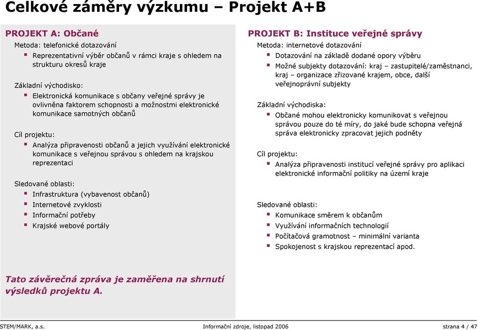 komunikace s veřejnou správou s ohledem na krajskou reprezentaci Sledované oblasti: Infrastruktura (vybavenost občanů) Internetové zvyklosti Informační potřeby Krajskéwebovéportály PROJEKT B: