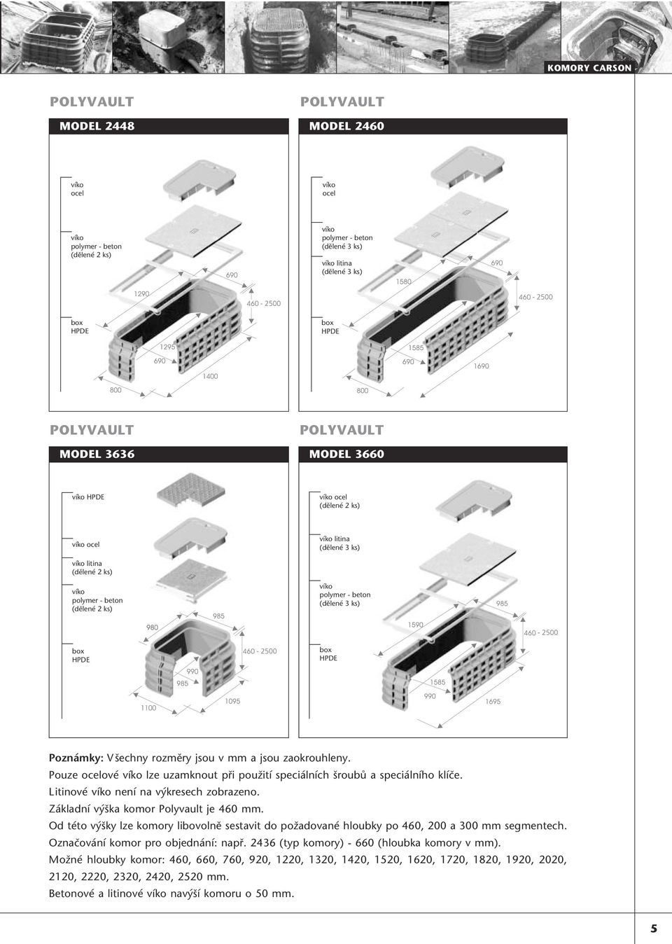 Litinové není na výkresech zobrazeno. Základní výška komor Polyvault je 460 mm. Od této výšky lze komory libovolně sestavit do požadované hloubky po 460, 200 a 300 mm segmentech.