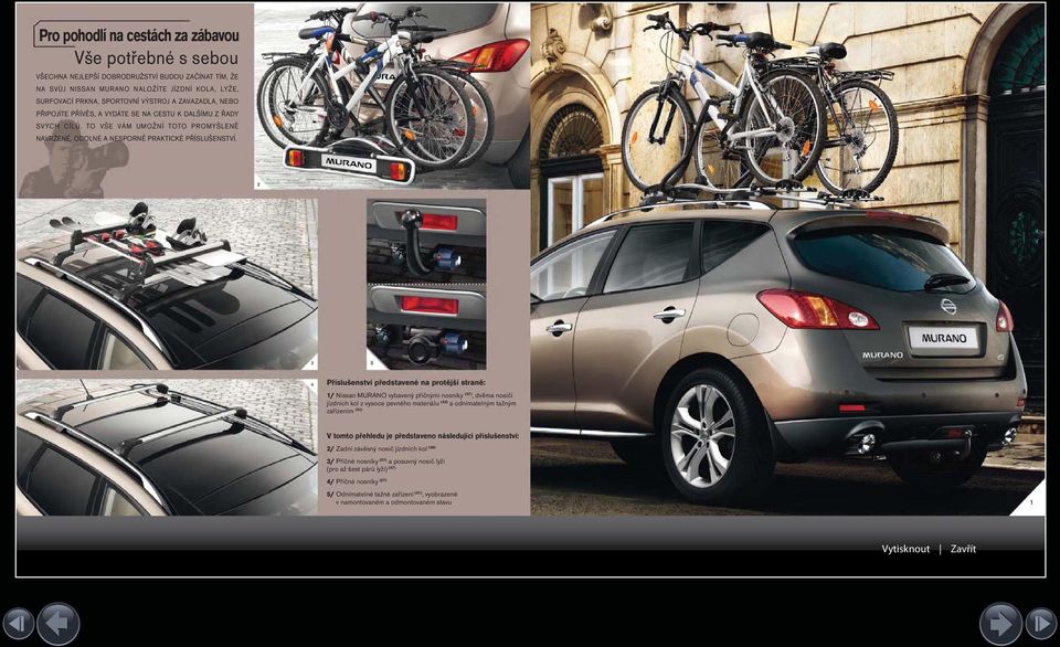 5 4 P íslušenství p edstavené na prot jší stran : / Nissan MURANO vybavený p í nými nosníky (7), dv ma nosi i jízdních kol z vysoce pevného materiálu (4) a odnímatelným tažným za ízením (5)