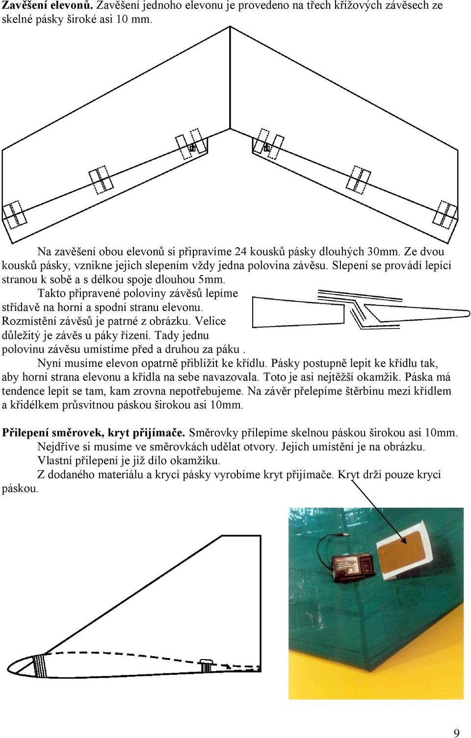 Takto připravené poloviny závěsů lepíme střídavě na horní a spodní stranu elevonu. Rozmístění závěsů je patrné z obrázku. Velice důležitý je závěs u páky řízení.