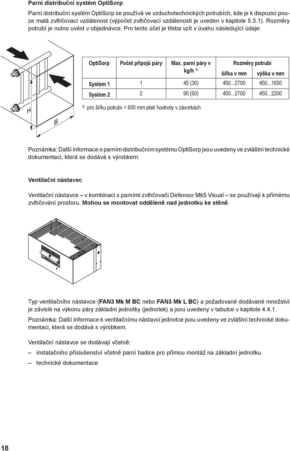 parní páry v Rozměry potrubí kg/h 1) šířka v mm výška v mm Systém 1 1 45 (30) 450...2700 450.