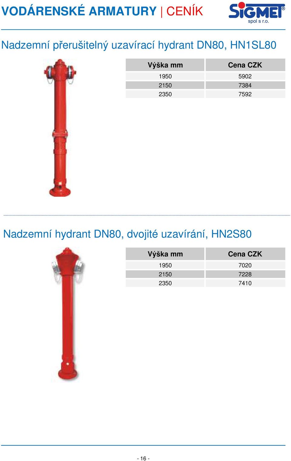 7592 Nadzemní hydrant 80, dvojité uzavírání,