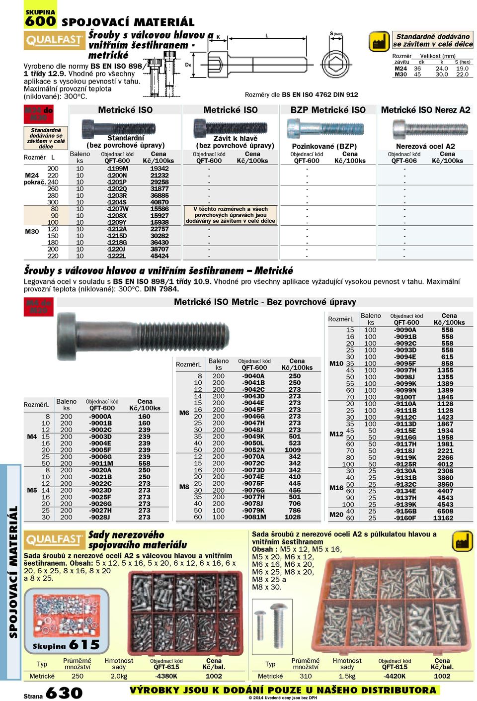 M24 do M30 Standardně dodáváno se závitem v celé délce DK K S (hex) Rozměry dle BS EN ISO 4762 DIN 912 Šrouby s válcovou hlavou a vnitřním šestihranem Metrické egovaná ocel v souladu s BS EN ISO