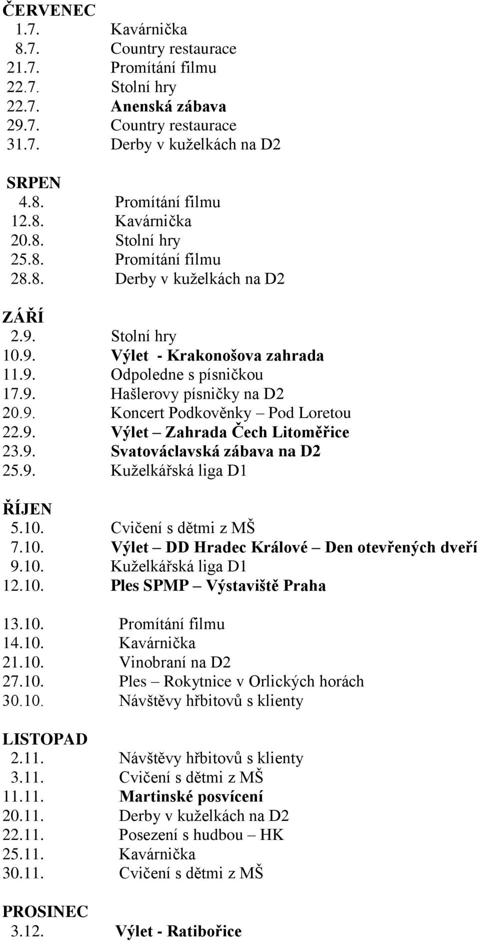 9. Výlet Zahrada Čech Litoměřice 23.9. Svatováclavská zábava na D2 25.9. Kuţelkářská liga D1 ŘÍJEN 5.10. Cvičení s dětmi z MŠ 7.10. Výlet DD Hradec Králové Den otevřených dveří 9.10. Kuţelkářská liga D1 12.