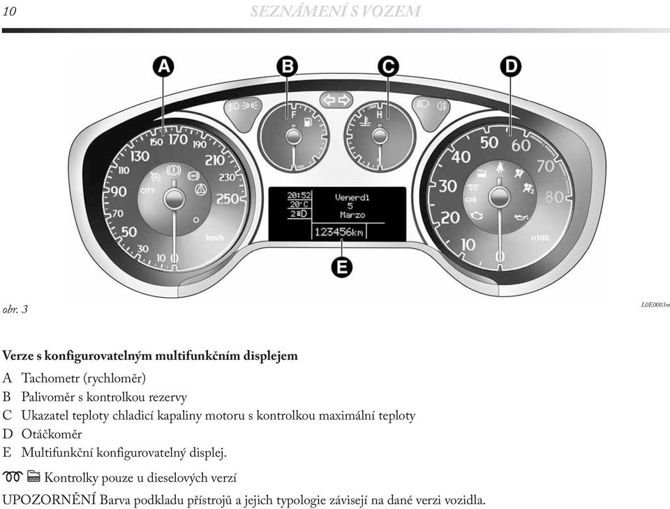 kontrolkou rezervy C Ukazatel teploty chladicí kapaliny motoru s kontrolkou maximální teploty D
