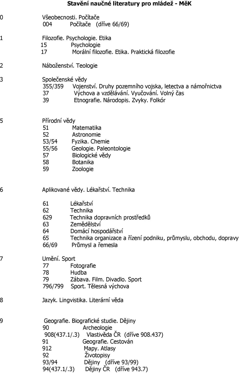 Folkór 5 Přírodní vědy 51 Matematika 52 Astronomie 53/54 Fyzika. Chemie 55/56 Geologie. Paleontologie 57 Biologické vědy 58 Botanika 59 Zoologie 6 Aplikované vědy. Lékařství.